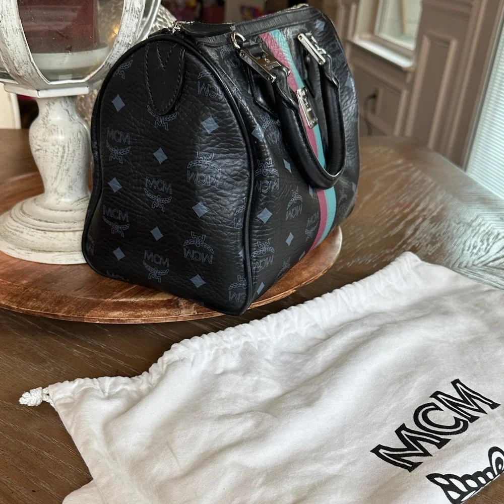 MCM Black Satchel with Pink and Teal Stripes - Picture 3 of 12